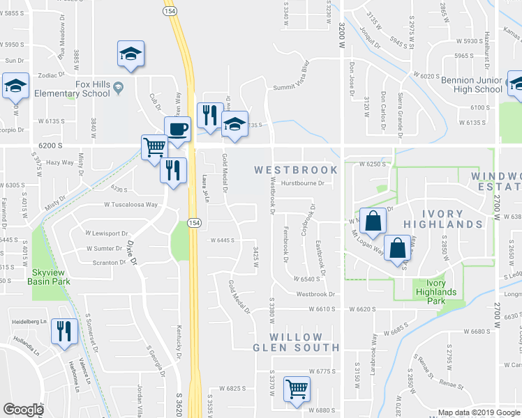 map of restaurants, bars, coffee shops, grocery stores, and more near 6363 South Downhill Road in West Jordan