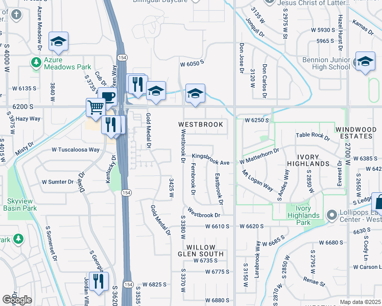 map of restaurants, bars, coffee shops, grocery stores, and more near 3350 Kingsbrook Avenue in West Jordan
