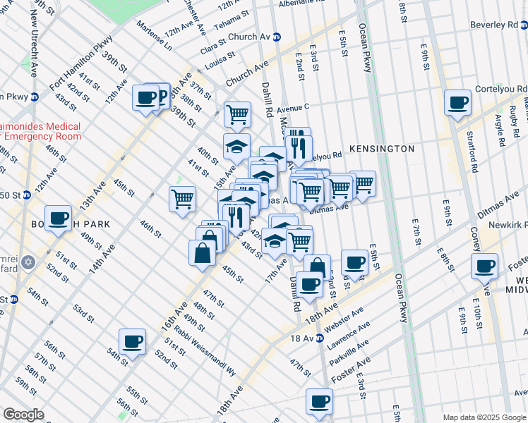 map of restaurants, bars, coffee shops, grocery stores, and more near 1625 41st Street in Brooklyn