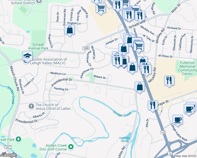 map of restaurants, bars, coffee shops, grocery stores, and more near 1416 Presidential Drive in Fullerton
