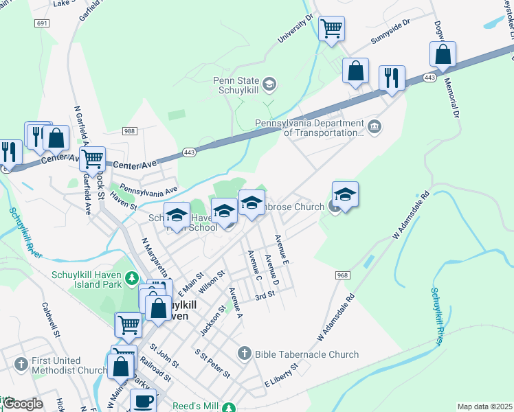 map of restaurants, bars, coffee shops, grocery stores, and more near 701 East Main Street in Schuylkill Haven