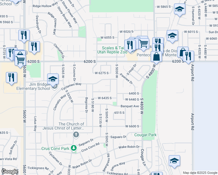 map of restaurants, bars, coffee shops, grocery stores, and more near 6362 Fuchsia Drive in West Jordan
