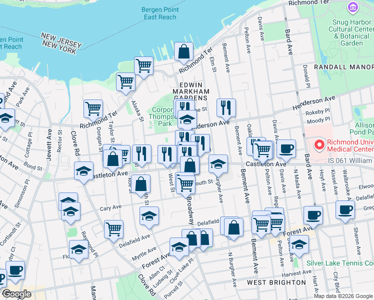 map of restaurants, bars, coffee shops, grocery stores, and more near 289 Broadway in Staten Island