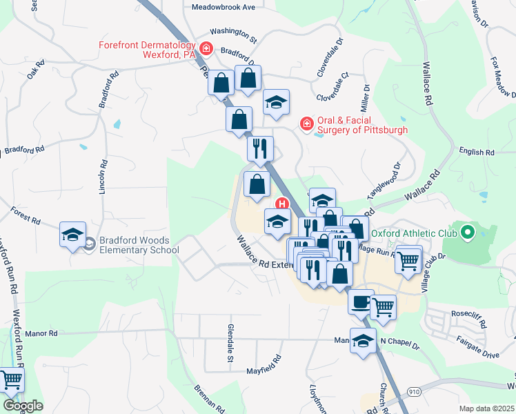 map of restaurants, bars, coffee shops, grocery stores, and more near 12311 Perry Highway in Wexford