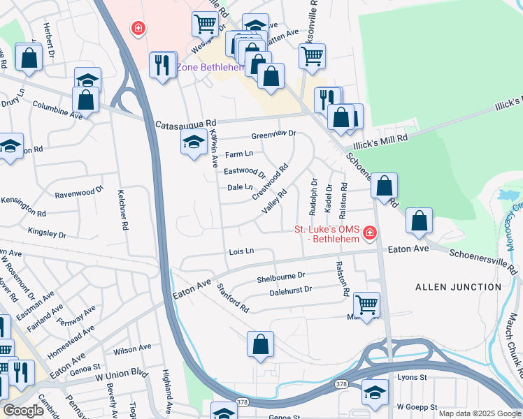 map of restaurants, bars, coffee shops, grocery stores, and more near 1530 Valley Road in Bethlehem