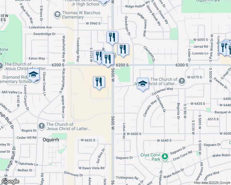 map of restaurants, bars, coffee shops, grocery stores, and more near 5583 Cornflower Circle in West Jordan