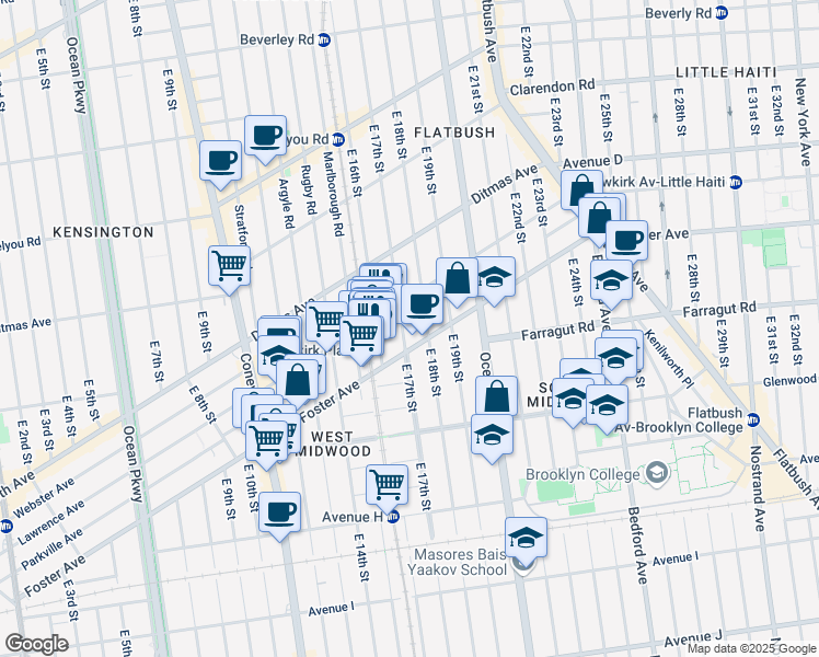 map of restaurants, bars, coffee shops, grocery stores, and more near 646 East 18th Street in Brooklyn