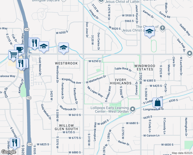 map of restaurants, bars, coffee shops, grocery stores, and more near 3068 West Matterhorn Drive in Taylorsville