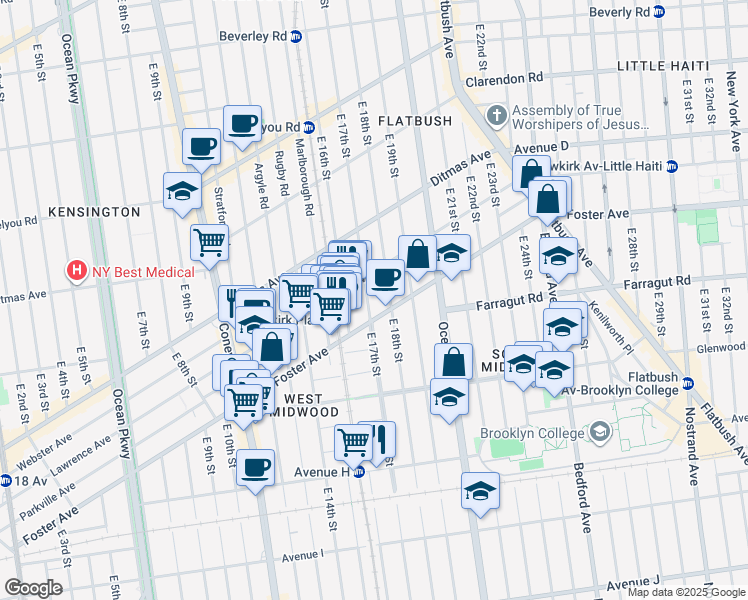 map of restaurants, bars, coffee shops, grocery stores, and more near 615 East 17th Street in Brooklyn