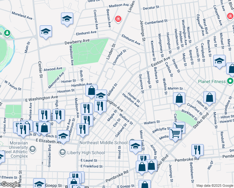 map of restaurants, bars, coffee shops, grocery stores, and more near 1629 Easton Avenue in Bethlehem