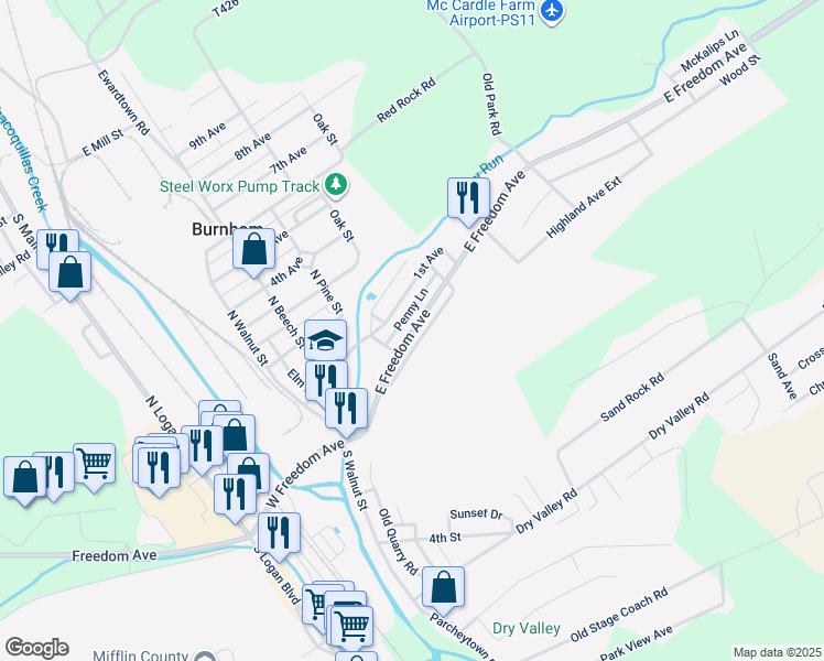 map of restaurants, bars, coffee shops, grocery stores, and more near 331 East Freedom Avenue in Burnham