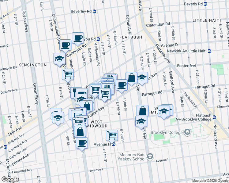 map of restaurants, bars, coffee shops, grocery stores, and more near 1611 Foster Avenue in Brooklyn