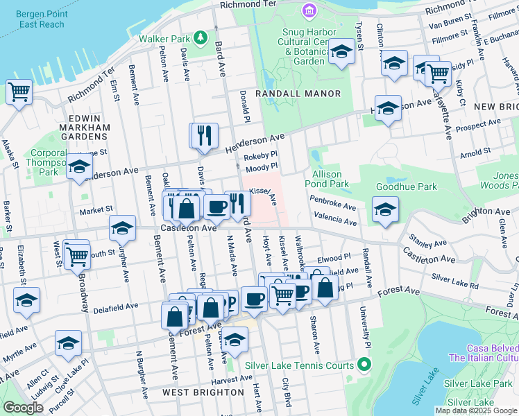 map of restaurants, bars, coffee shops, grocery stores, and more near 355 Bard Avenue in Staten Island