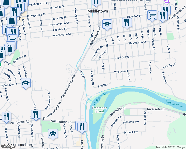 map of restaurants, bars, coffee shops, grocery stores, and more near 1502 Lindberg Street in Bethlehem
