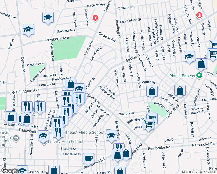 map of restaurants, bars, coffee shops, grocery stores, and more near 1718 Maple Street in Bethlehem