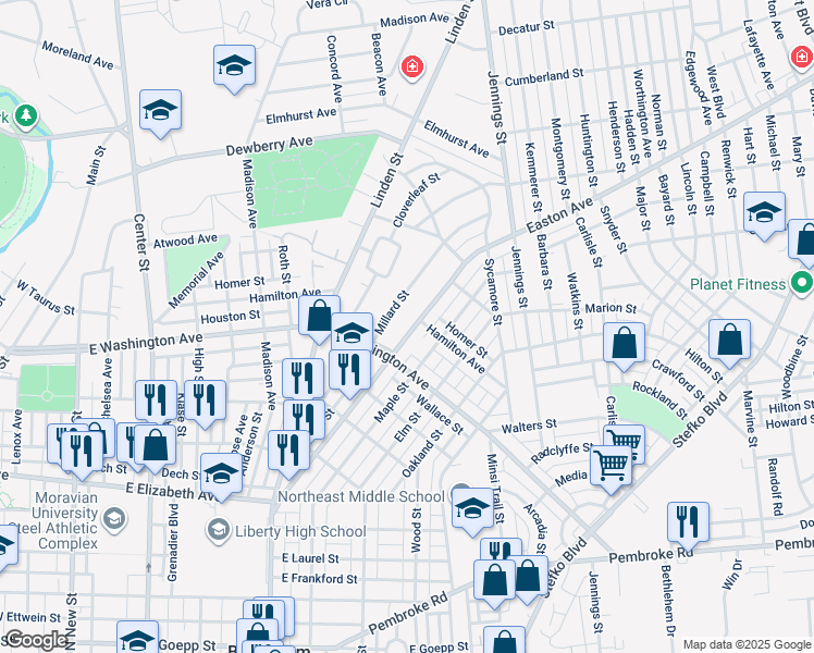 map of restaurants, bars, coffee shops, grocery stores, and more near 1629 Easton Avenue in Bethlehem