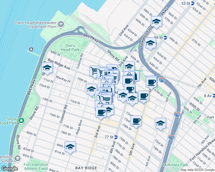 map of restaurants, bars, coffee shops, grocery stores, and more near 6928 3rd Avenue in Brooklyn