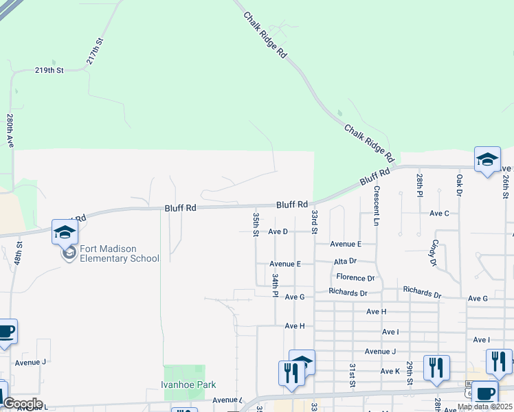 map of restaurants, bars, coffee shops, grocery stores, and more near 300 35th Street in Fort Madison