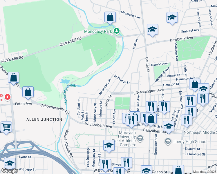 map of restaurants, bars, coffee shops, grocery stores, and more near 1612 Monocacy Street in Bethlehem