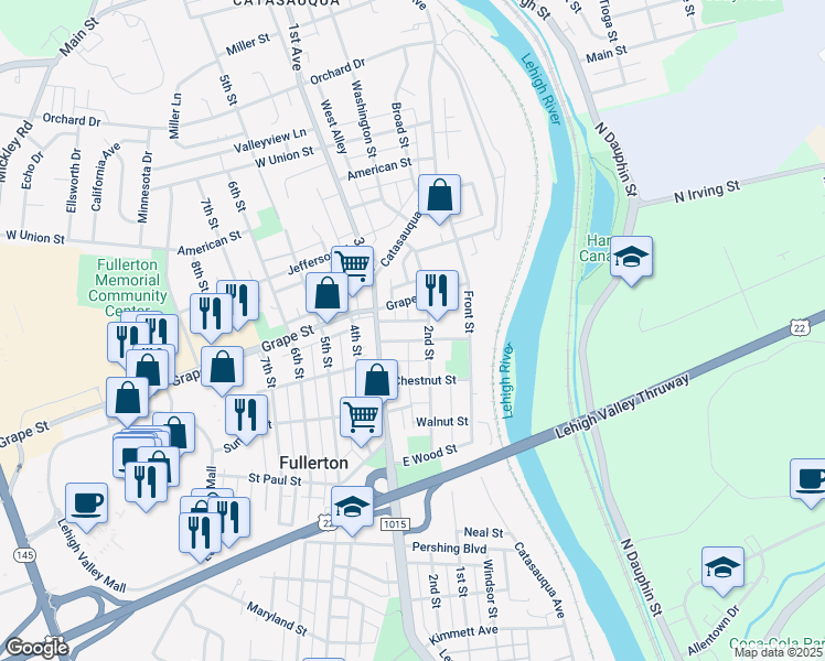 map of restaurants, bars, coffee shops, grocery stores, and more near 216 Quarry Street in Fullerton