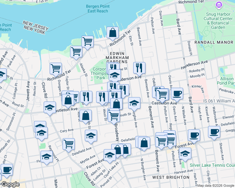 map of restaurants, bars, coffee shops, grocery stores, and more near 289 Broadway in Staten Island