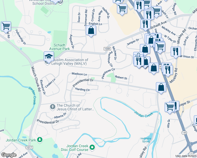 map of restaurants, bars, coffee shops, grocery stores, and more near 121 Johnson Court in Fullerton