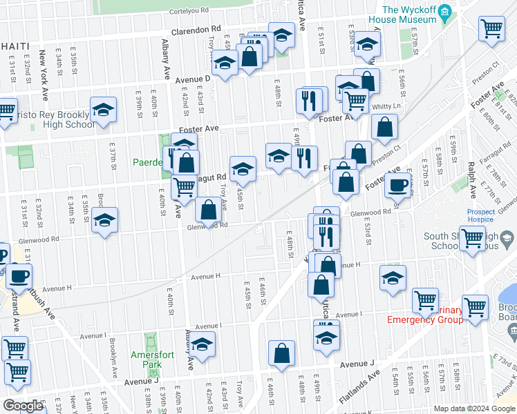 map of restaurants, bars, coffee shops, grocery stores, and more near 1540 Schenectady Avenue in Brooklyn
