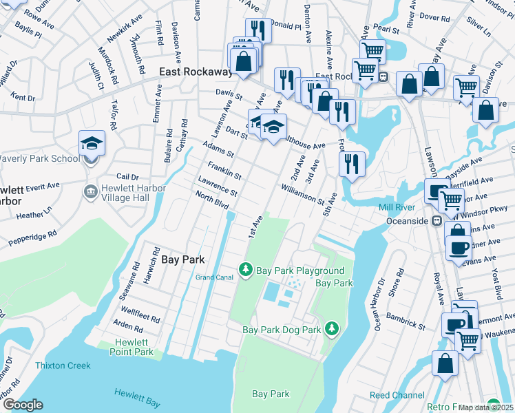 map of restaurants, bars, coffee shops, grocery stores, and more near 5 North Boulevard in East Rockaway
