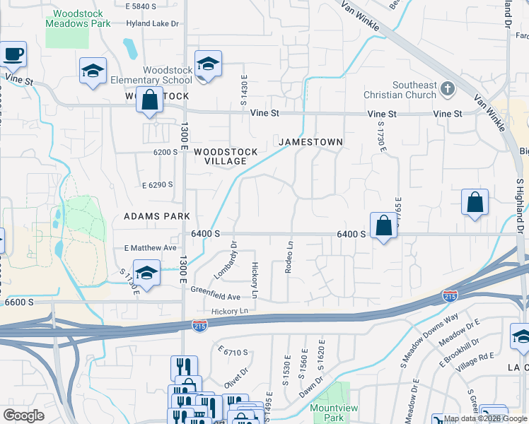 map of restaurants, bars, coffee shops, grocery stores, and more near 1457 6400 South in Salt Lake City