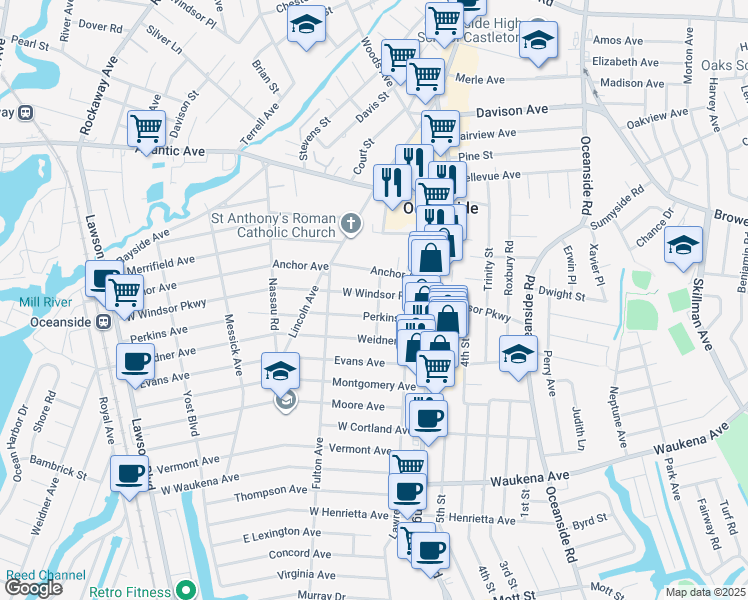 map of restaurants, bars, coffee shops, grocery stores, and more near 53 Perkins Avenue in Oceanside