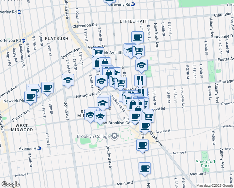 map of restaurants, bars, coffee shops, grocery stores, and more near 34 Kenilworth Place in Brooklyn