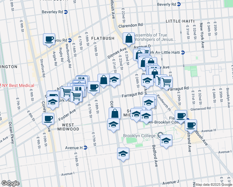 map of restaurants, bars, coffee shops, grocery stores, and more near 762 East 21st Street in Brooklyn