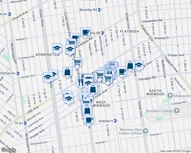 map of restaurants, bars, coffee shops, grocery stores, and more near 1301 Newkirk Avenue in Brooklyn