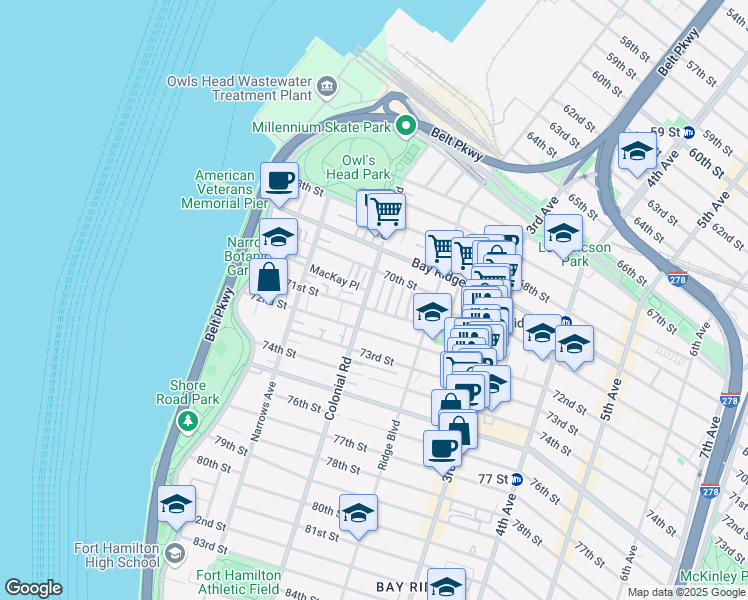 map of restaurants, bars, coffee shops, grocery stores, and more near 138 71st Street in Brooklyn