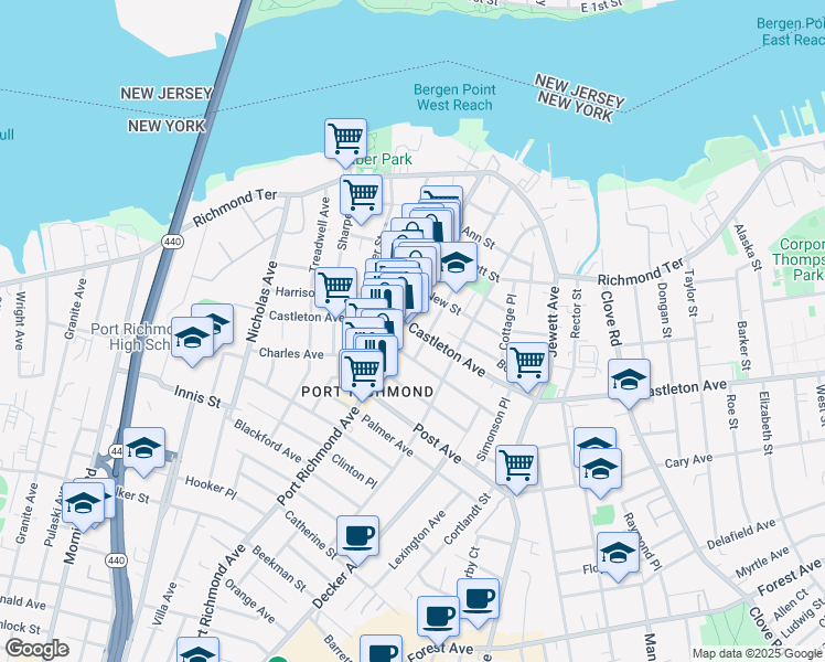 map of restaurants, bars, coffee shops, grocery stores, and more near 1546 Castleton Avenue in Staten Island