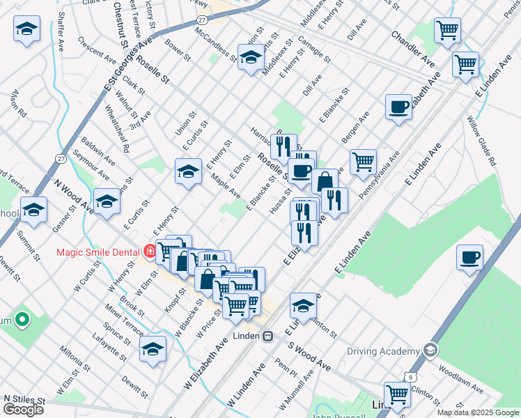 map of restaurants, bars, coffee shops, grocery stores, and more near 409 Hussa Street in Linden