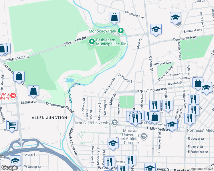 map of restaurants, bars, coffee shops, grocery stores, and more near 1529 Monocacy Street in Bethlehem