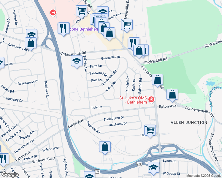 map of restaurants, bars, coffee shops, grocery stores, and more near 1511 Westwood Drive in Bethlehem