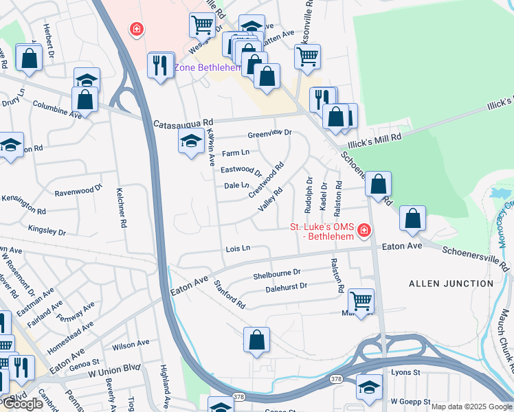 map of restaurants, bars, coffee shops, grocery stores, and more near 1530 Valley Road in Bethlehem