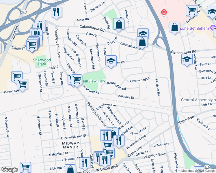 map of restaurants, bars, coffee shops, grocery stores, and more near 2150 Pinehurst Road in Bethlehem
