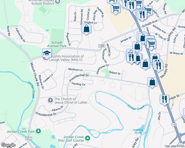 map of restaurants, bars, coffee shops, grocery stores, and more near 121 Johnson Court in Fullerton