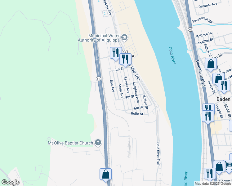 map of restaurants, bars, coffee shops, grocery stores, and more near 433 Main Avenue in Aliquippa