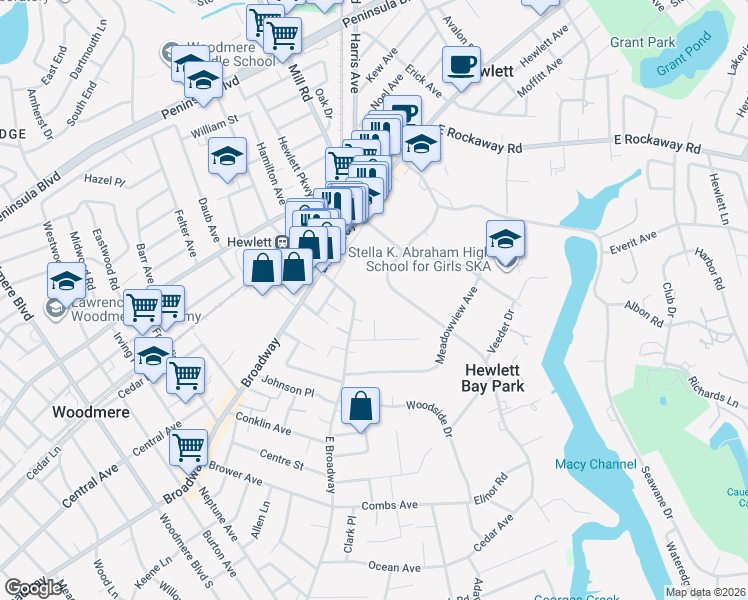 map of restaurants, bars, coffee shops, grocery stores, and more near 1215 East Broadway in Hewlett