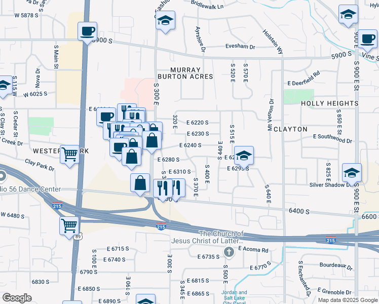 map of restaurants, bars, coffee shops, grocery stores, and more near 6259 South 340 East in Murray
