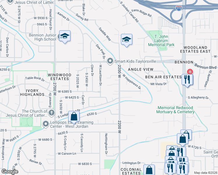 map of restaurants, bars, coffee shops, grocery stores, and more near 6396 2200 West in West Jordan