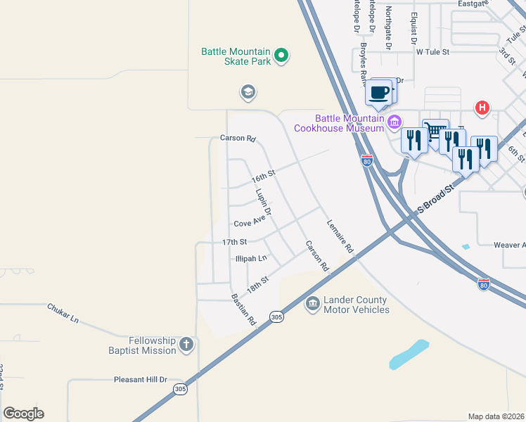 map of restaurants, bars, coffee shops, grocery stores, and more near 107 17th Street in Battle Mountain