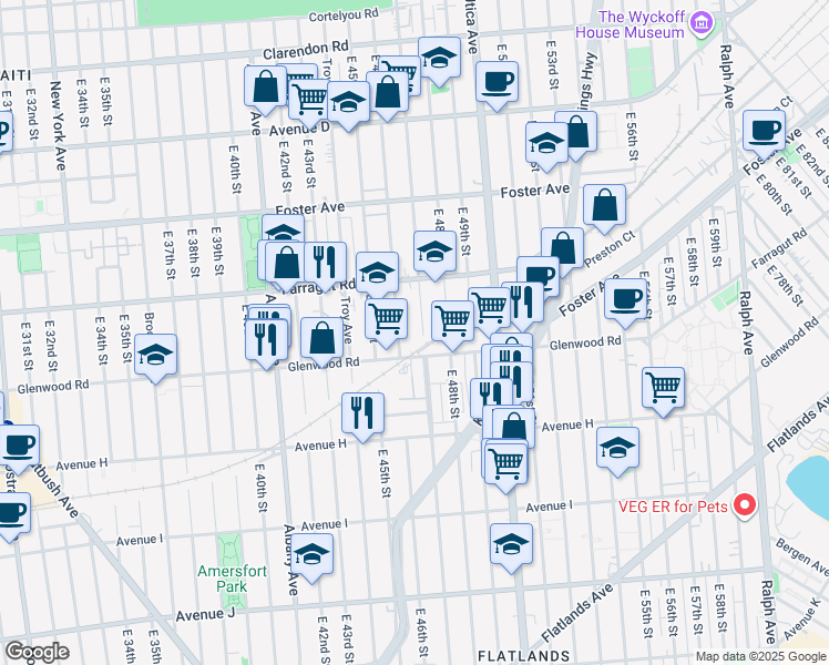 map of restaurants, bars, coffee shops, grocery stores, and more near 1540 Schenectady Avenue in Brooklyn