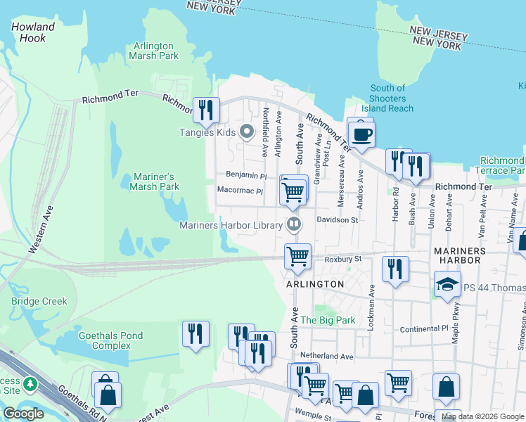 map of restaurants, bars, coffee shops, grocery stores, and more near 187B Alexander Way in Staten Island