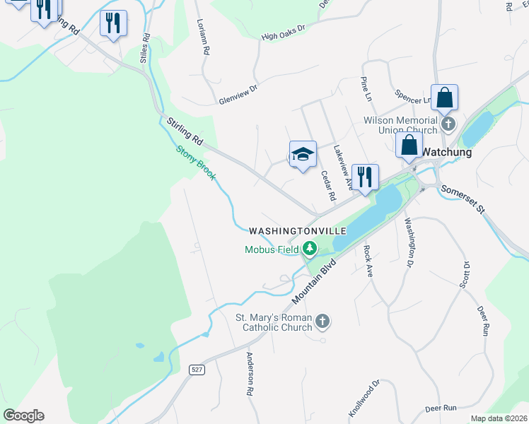 map of restaurants, bars, coffee shops, grocery stores, and more near 33 Beechwood Place in Watchung