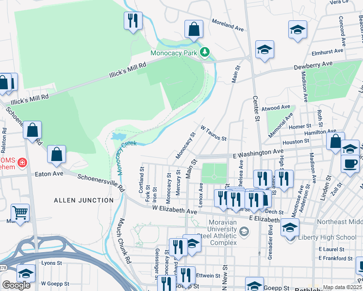 map of restaurants, bars, coffee shops, grocery stores, and more near 1529 Monocacy Street in Bethlehem